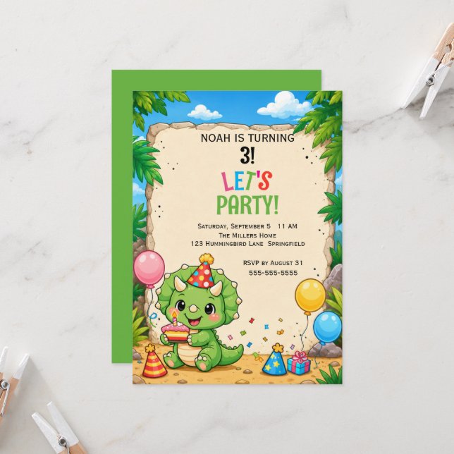 Cute Triceratops Birthday Party Invitation (Front/Back In Situ)
