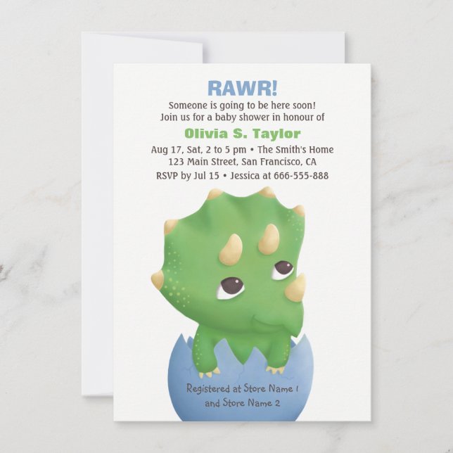 Cute Triceratops Dinosaur Baby Shower Invitations (Front)