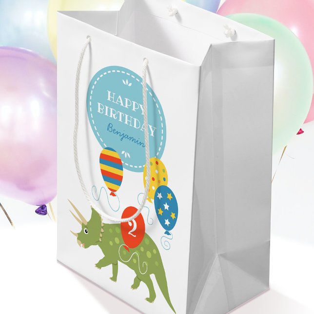 Cute Triceratops Dinosaur Balloons Custom Name Age Medium Gift Bag (Creator Uploaded)