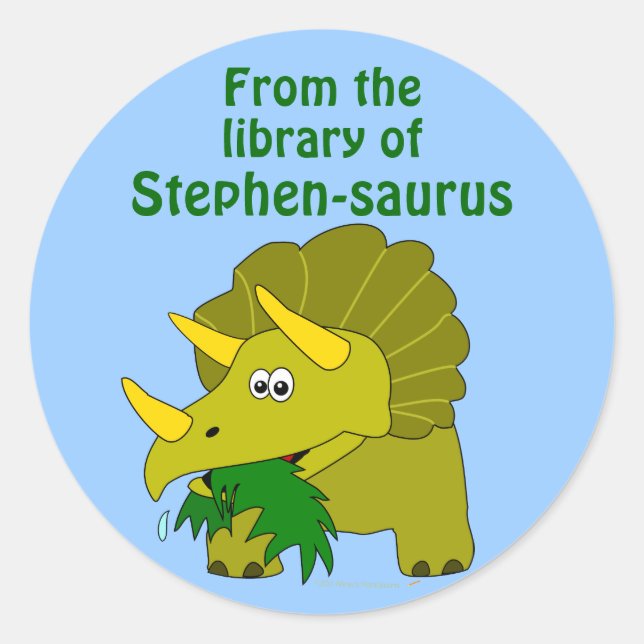 Cute Triceratops Dinosaur Personalised Bookplate Classic Round Sticker (Front)