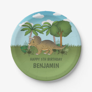 Cute Triceratops Dinosaur Tropical Kid's Birthday Paper Plate