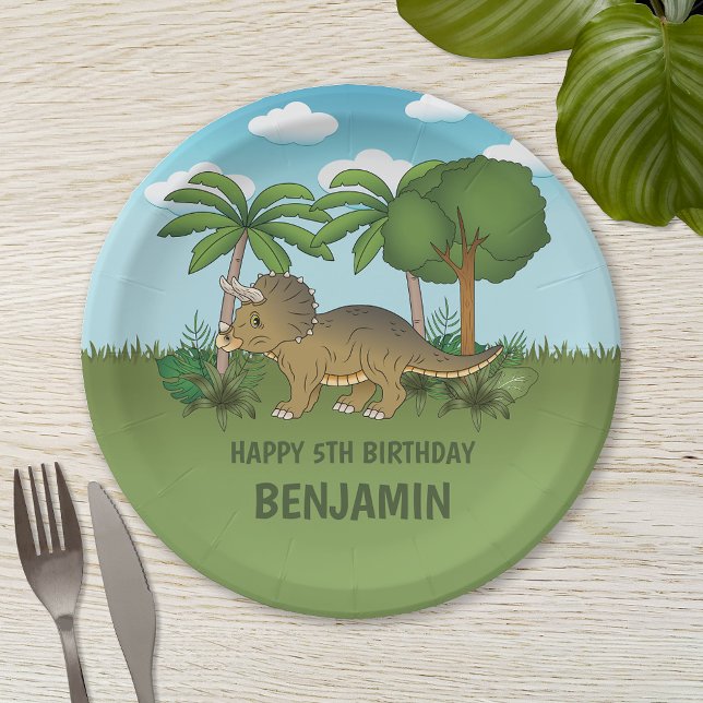 Cute Triceratops Dinosaur Tropical Kid's Birthday Paper Plate (Creator Uploaded)