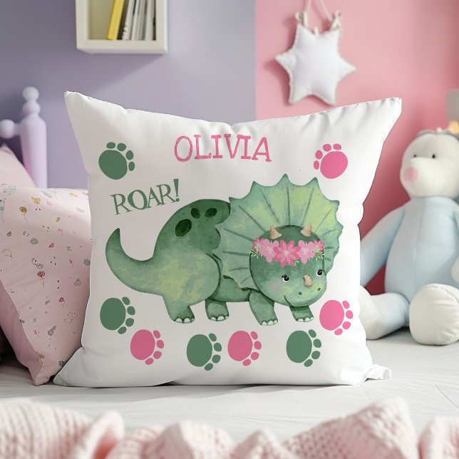 Cute Triceratops Girl Dinosaur Tracks Cushion (Creator Uploaded)