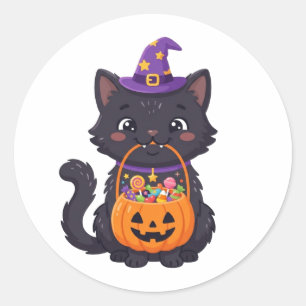 Cute Trick or Treat Black Cat Halloween Candy Classic Round Sticker