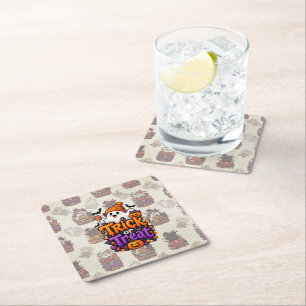 Cute Trick or Treat Ghost Halloween Canvas Print Square Paper Coaster