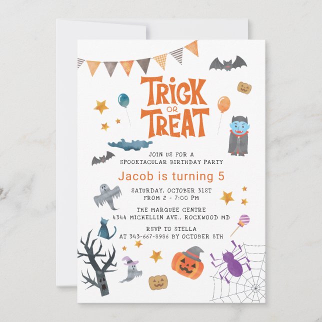 Cute Trick or Treat Halloween 5th Birthday Party Invitation (Front)