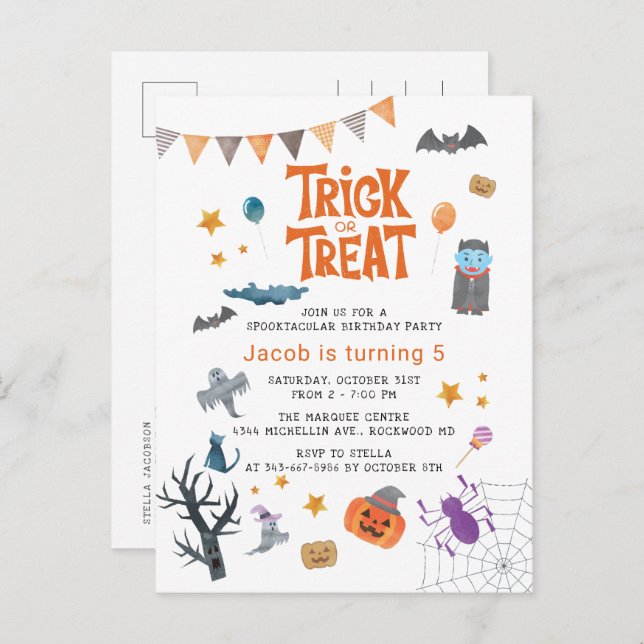 Cute Trick or Treat Halloween 5th Birthday Party Invitation Postcard (Front/Back)