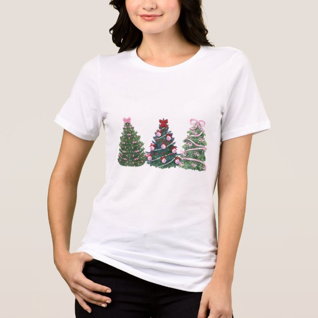 Cute Trio Christmas Trees with Pink & Red Decorati Tri-Blend Shirt (Front)