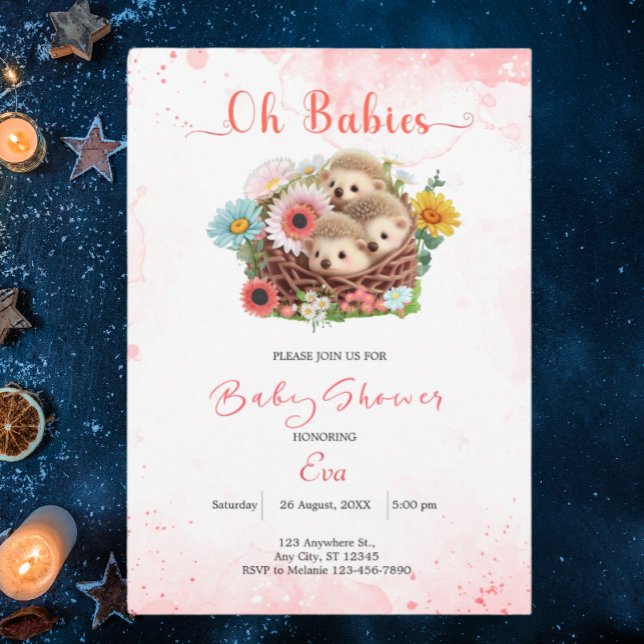 Cute Triplet Babies Pink Floral Baby Shower Modern Invitation (Creator Uploaded)