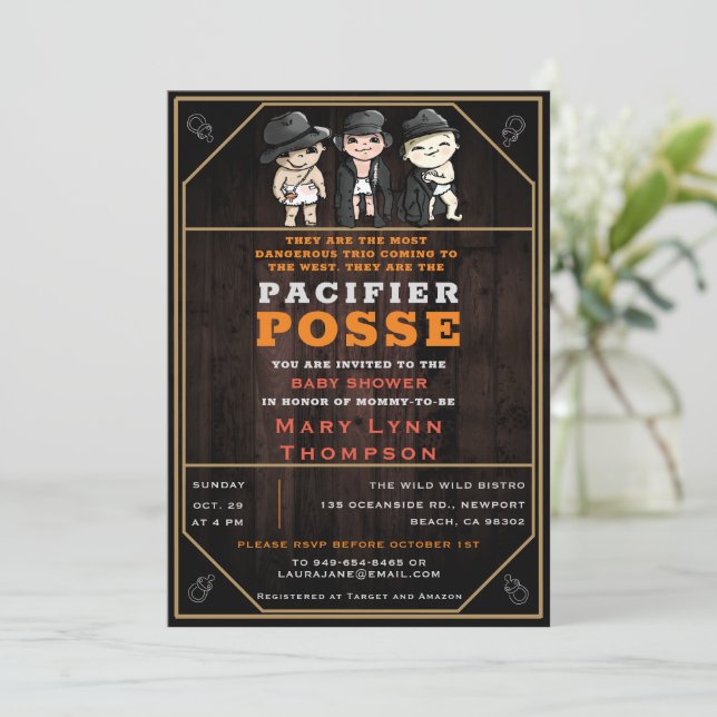 Cute Triplets Pacifier Posse Wild West Baby Shower Invitation (Standing Front)