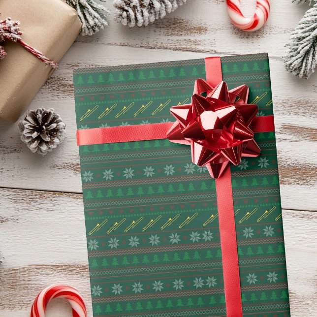 Cute Trombone Christmas Sweater Pattern Wrapping Paper (Creator Uploaded)