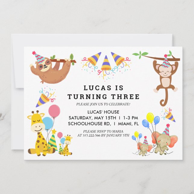 Cute Tropical Animals Safari Boys Birthday  Invitation (Front)