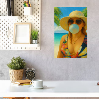 Cute Tropical Beach Babe Bubble Gum Bubble Poster