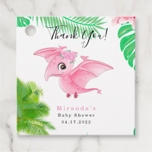 Cute Tropical Bird Pink Dinosaur Baby Girl Shower Favour Tags