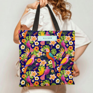 Cute Tropical Birds Floral Illustrated Custom Name Tote Bag