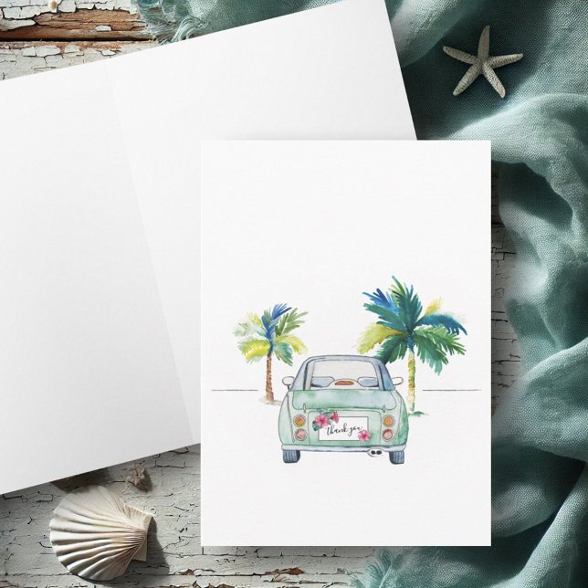 Cute Tropical Car Florida Inspirational Watercolor Card (Tropical palm tree and car thank you card watercolor art by Victoria Grigaliunas of Do Tell A Belle)