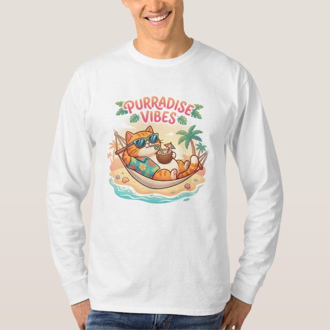 Cute Tropical Cat Hammock “Purradise Vibes” Beach  T-Shirt (Front)