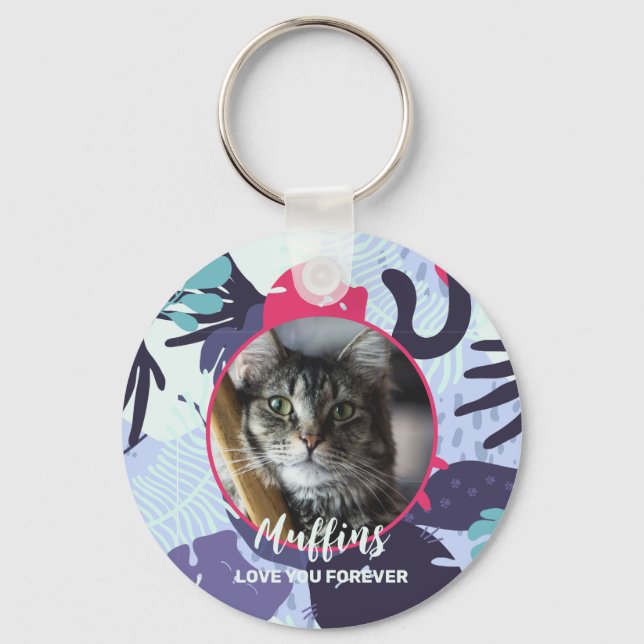 Cute tropical cat pattern, custom pet photo gift key ring (Front)