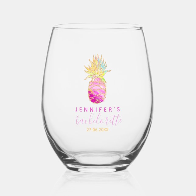  Cute Tropical Colourful Pineapple Bachelorette Stemless Wine Glass (Front)