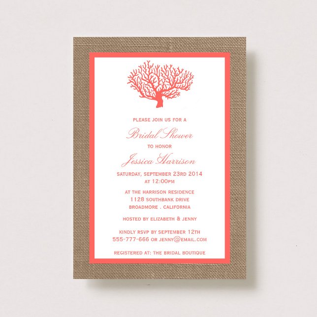 Cute Tropical Coral Beach Burlap Bridal Shower Invitation (Creator Uploaded)