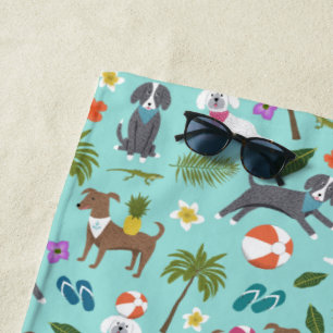 Cute Tropical Dog Pattern Monogram Aqua Beach Towel