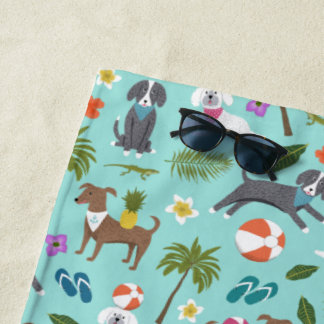 Cute Tropical Dog Pattern | Monogram | Aqua Beach Towel