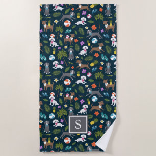 Cute Tropical Dog Pattern   Monogram   Navy Beach Towel