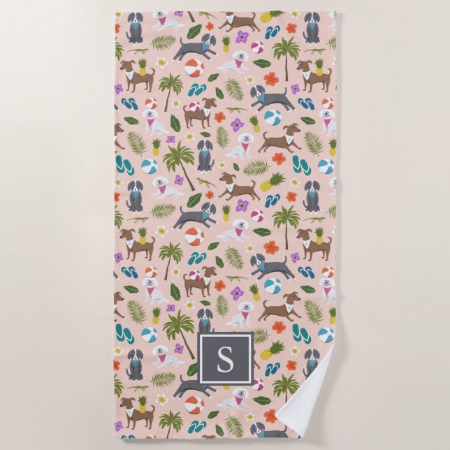 Cute Tropical Dog Pattern | Monogram | Peach Beach Towel (Front)