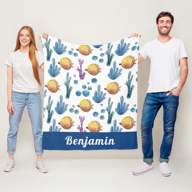 Cute Tropical Fish Nautical Sea Ocean Pattern Fleece Blanket (In Situ)