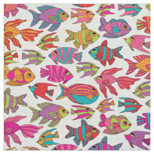 Cute Tropical Fish Pink Turquoise on White Pattern Fabric
