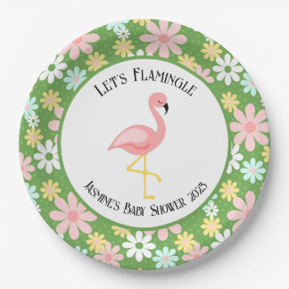 Cute Tropical Flamingo and Retro Daisy Flower Paper Plate