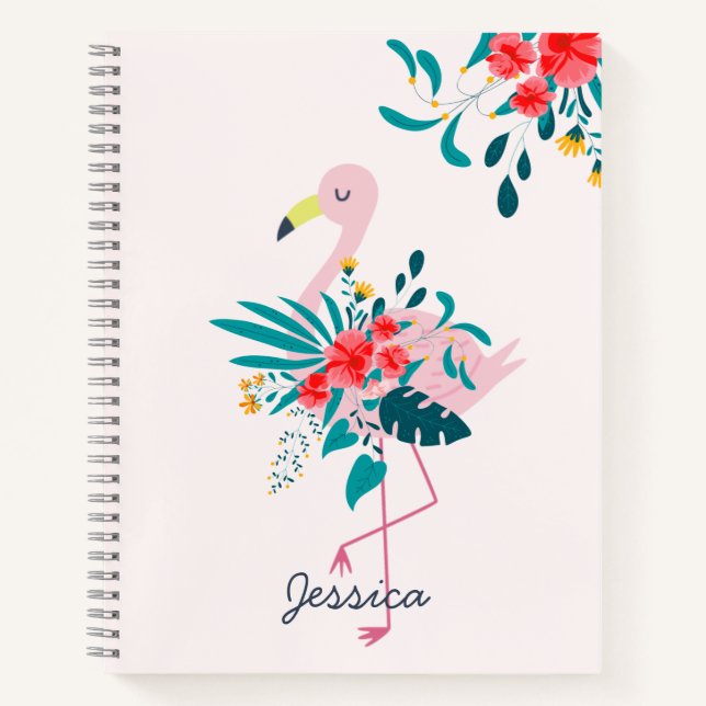 Cute Tropical Floral Flamingo Personalised Notebook (Front)