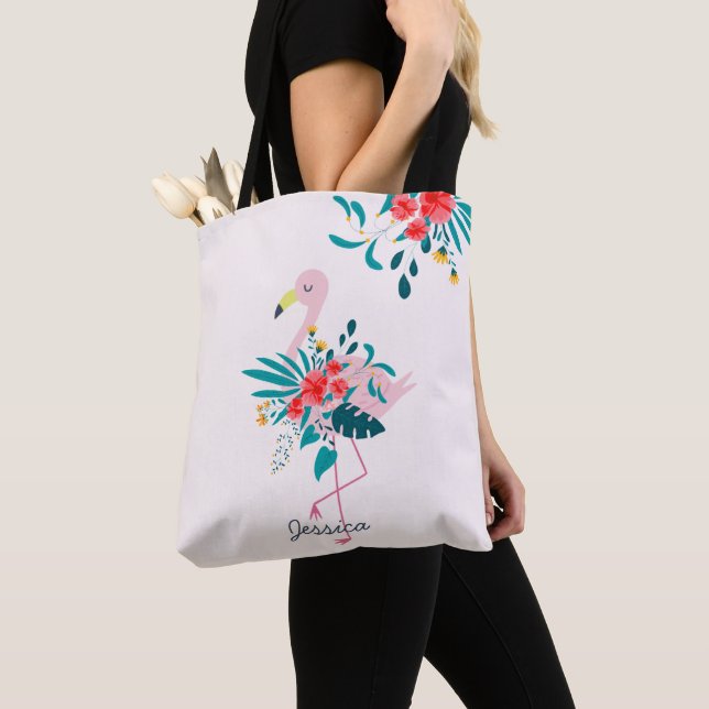 Cute Tropical Floral Flamingo Personalised Tote Bag (Close Up)