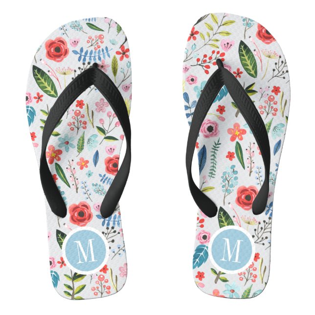 Cute Tropical Flowers & Leafs Botanical Pattern Jandals (Footbed)
