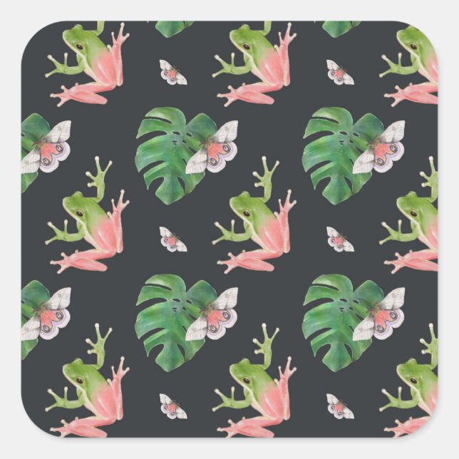 Cute Tropical Frog and Butterfly Pattern Square Sticker (Front)