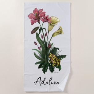 Cute Tropical Frog and Lily Botanical Floral Art Beach Towel