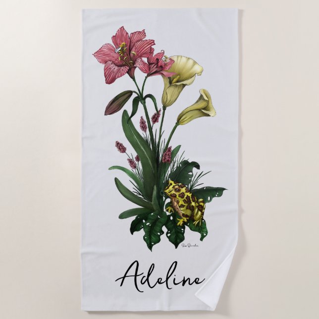 Cute Tropical Frog and Lily Botanical Floral Art Beach Towel (Front)