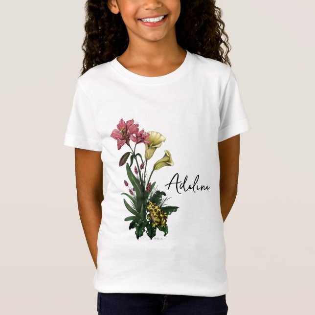 Cute Tropical Frog and Lily Botanical Floral Art T-Shirt (Front)