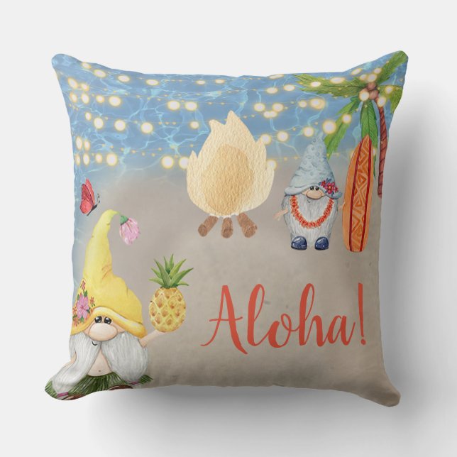 Cute Tropical Gnomes on the Beach Luau Party Cushion (Front)
