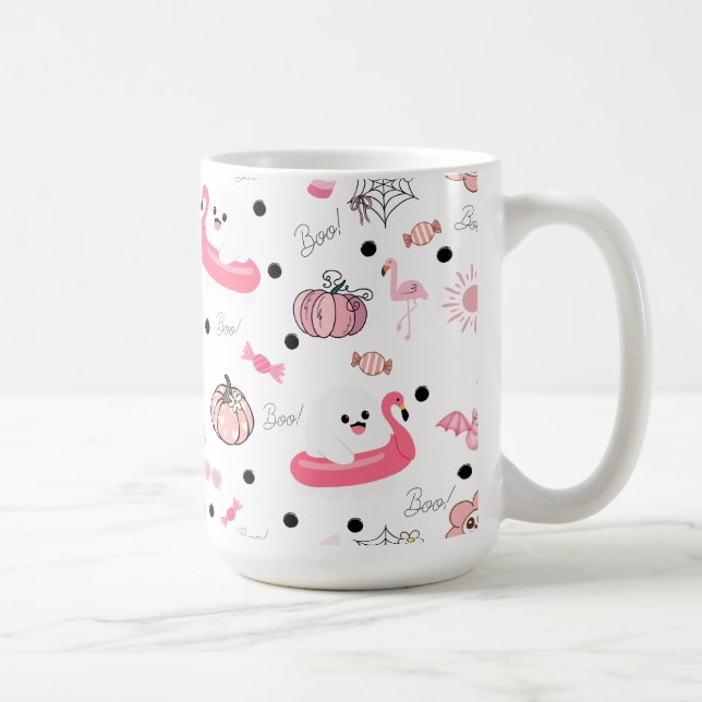 Cute Tropical Halloween – Ghosts & Flamingos Coffee Mug (Right)
