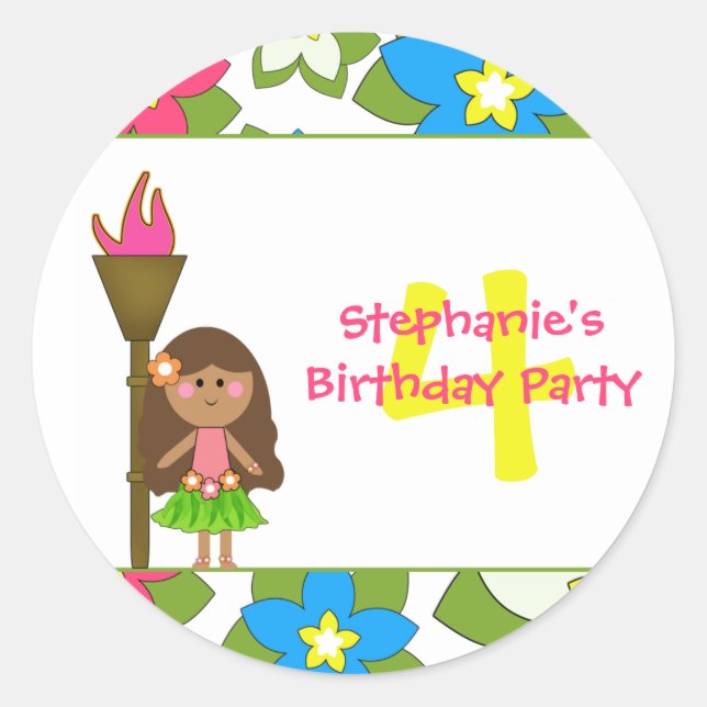 Cute tropical hula girls birthday party stickers (Front)