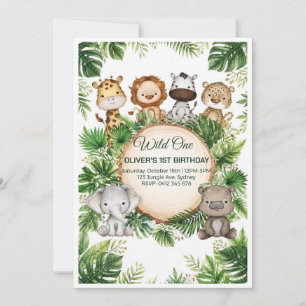 Cute Tropical Jungle Safari Wild One 1st Birthday Invitation