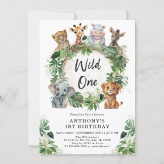 Cute Tropical Jungle Safari Wild One 1st Birthday  Invitation
