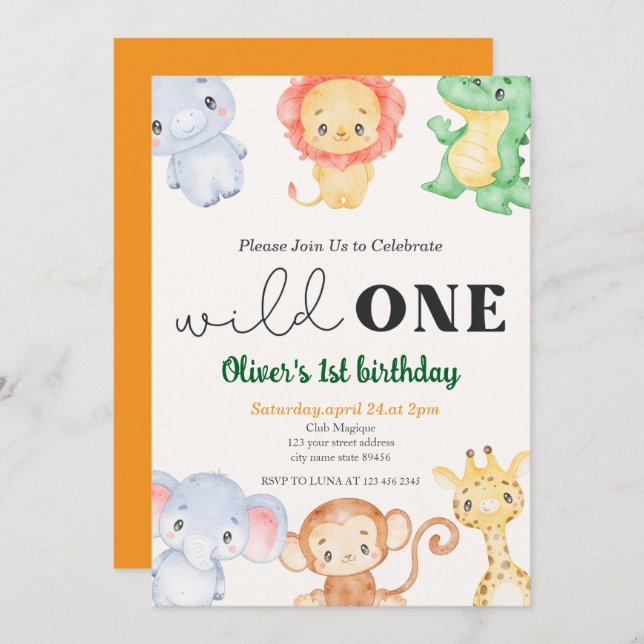 Cute Tropical Jungle Safari Wild One 1st Birthday Invitation (Front/Back)