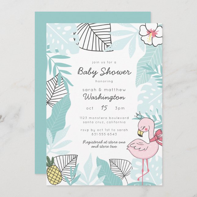 Cute Tropical Leaves | Flamingo Baby Shower Invitation (Front/Back)