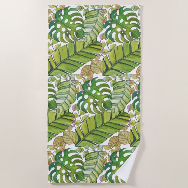 Cute Tropical Leaves In Watercolor Beach Towel (Front)