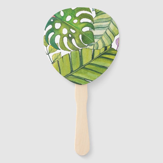 Cute Tropical Leaves In Watercolor Hand Fan (Front)