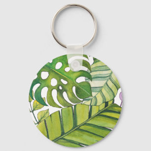 Cute Tropical Leaves In Watercolor Key Ring