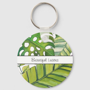 Cute Tropical Leaves In Watercolor Key Ring
