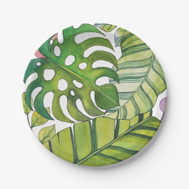 Cute Tropical Leaves In Watercolor Paper Plate (Front)